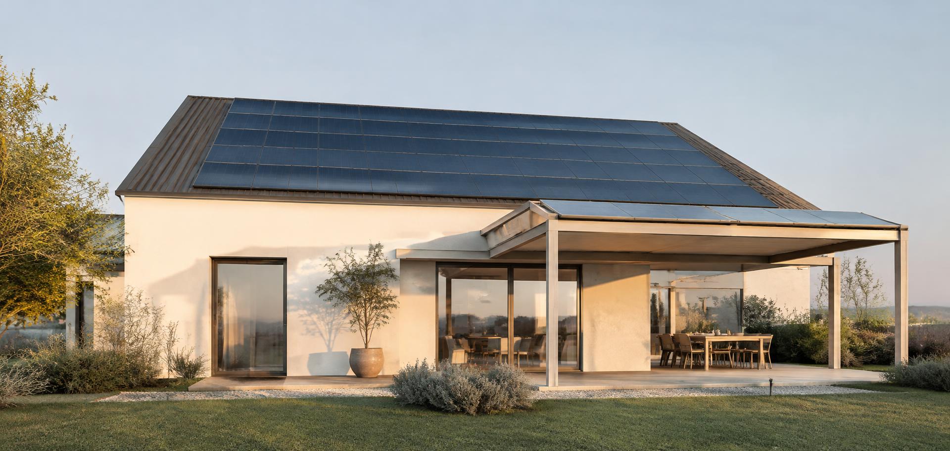 Vivienda contemporánea con paneles solares integrados en el techo y la pérgola