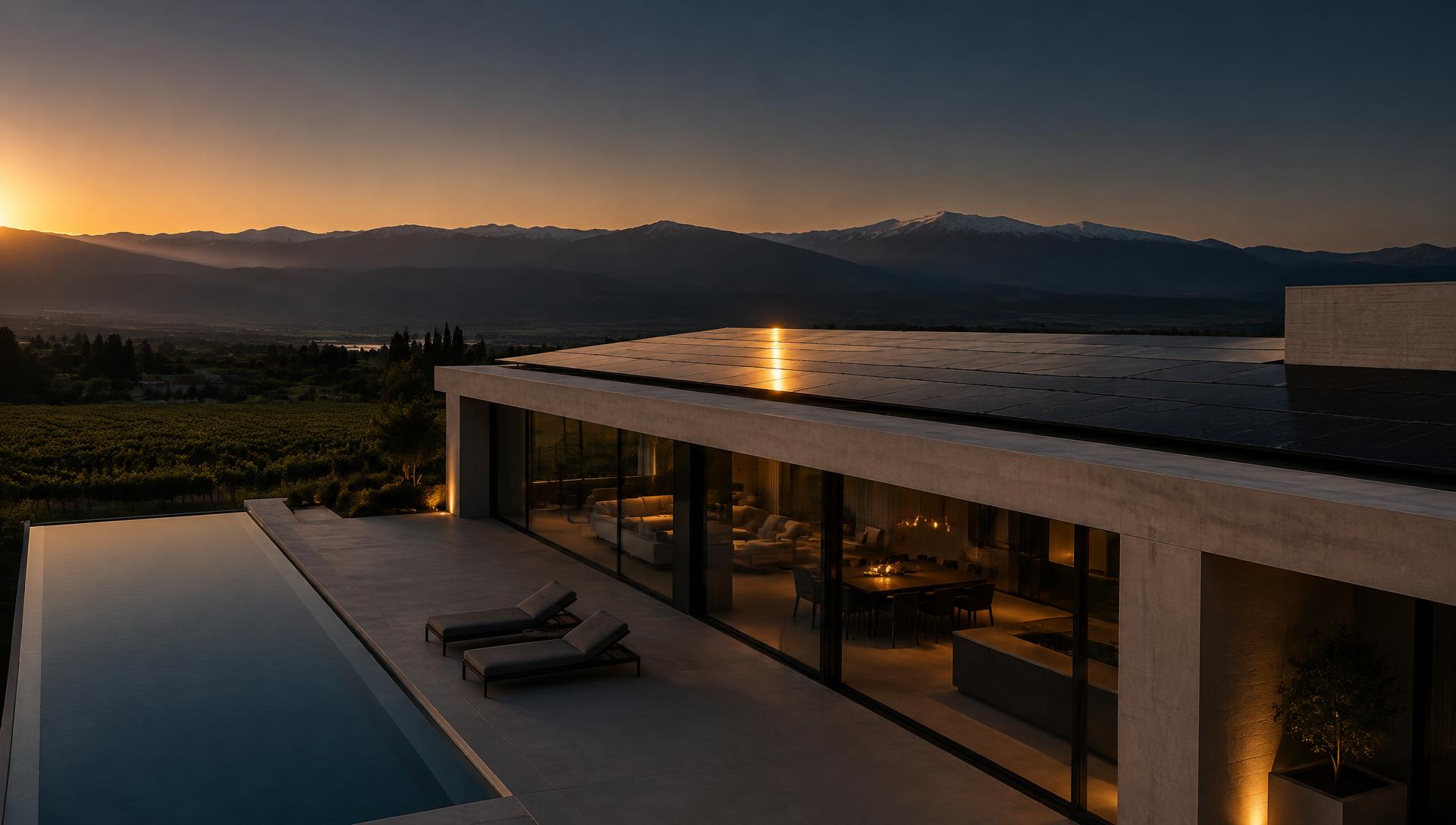 Residencia contemporánea con paneles solares integrados al atardecer, frente a la cordillera
