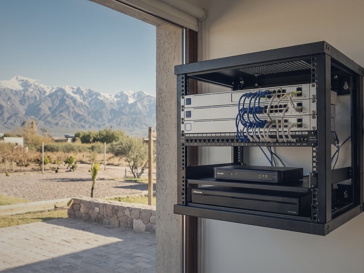 Rack de red ordenado con switches y un access point wifi junto a una ventana con vista a la montaña