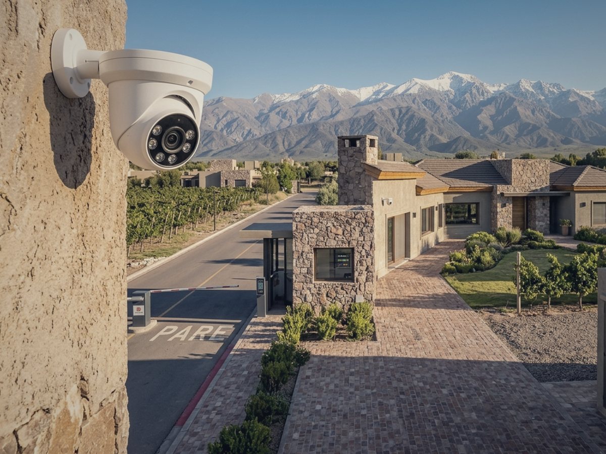 Cámara de seguridad domo instalada en un muro de piedra, frente a una casa con la cordillera de fondo